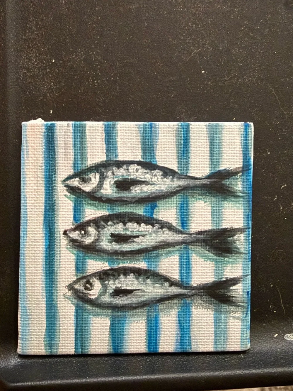 Hand-Painted Blue Striped Fish Mini Canvas Art - fridge magnet